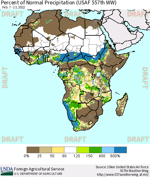 Africa Percent of Normal Precipitation (USAF 557th WW) Thematic Map For 2/7/2022 - 2/13/2022
