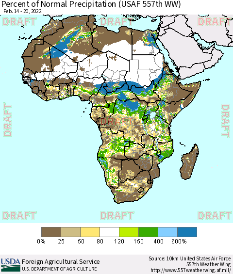 Africa Percent of Normal Precipitation (USAF 557th WW) Thematic Map For 2/14/2022 - 2/20/2022