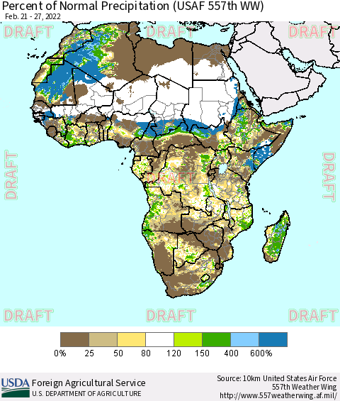 Africa Percent of Normal Precipitation (USAF 557th WW) Thematic Map For 2/21/2022 - 2/27/2022