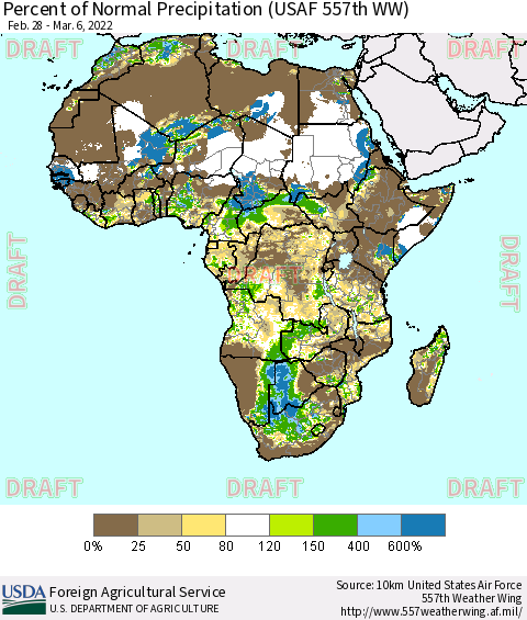 Africa Percent of Normal Precipitation (USAF 557th WW) Thematic Map For 2/28/2022 - 3/6/2022