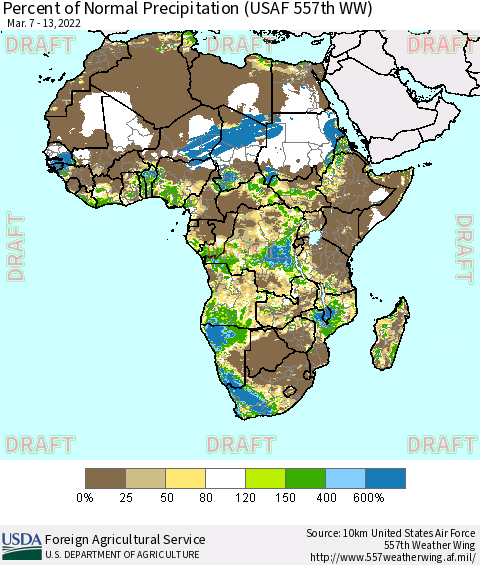 Africa Percent of Normal Precipitation (USAF 557th WW) Thematic Map For 3/7/2022 - 3/13/2022