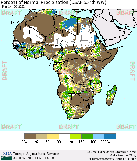 Africa Percent of Normal Precipitation (USAF 557th WW) Thematic Map For 3/14/2022 - 3/20/2022