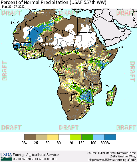 Africa Percent of Normal Precipitation (USAF 557th WW) Thematic Map For 3/21/2022 - 3/27/2022