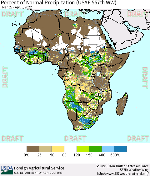 Africa Percent of Normal Precipitation (USAF 557th WW) Thematic Map For 3/28/2022 - 4/3/2022