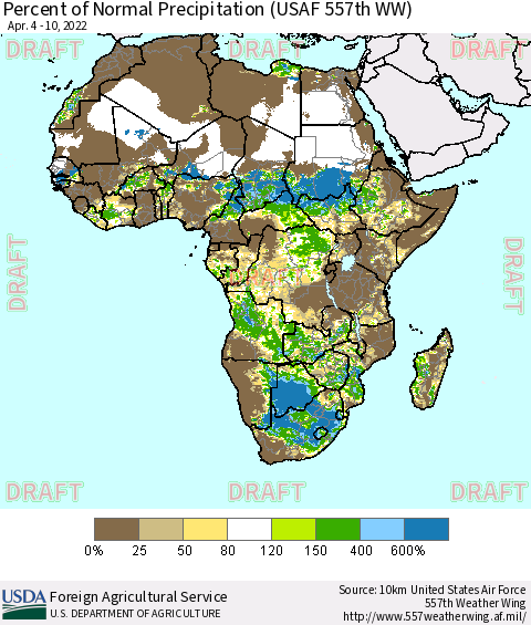 Africa Percent of Normal Precipitation (USAF 557th WW) Thematic Map For 4/4/2022 - 4/10/2022
