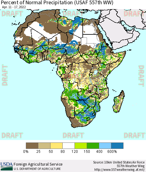 Africa Percent of Normal Precipitation (USAF 557th WW) Thematic Map For 4/11/2022 - 4/17/2022