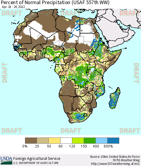 Africa Percent of Normal Precipitation (USAF 557th WW) Thematic Map For 4/18/2022 - 4/24/2022