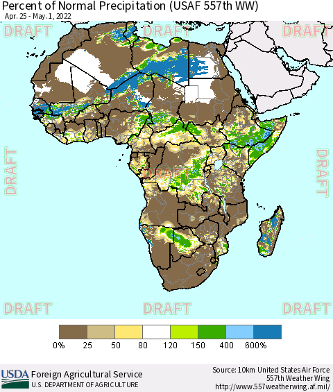 Africa Percent of Normal Precipitation (USAF 557th WW) Thematic Map For 4/25/2022 - 5/1/2022