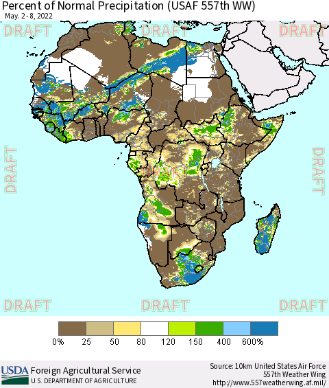 Africa Percent of Normal Precipitation (USAF 557th WW) Thematic Map For 5/2/2022 - 5/8/2022