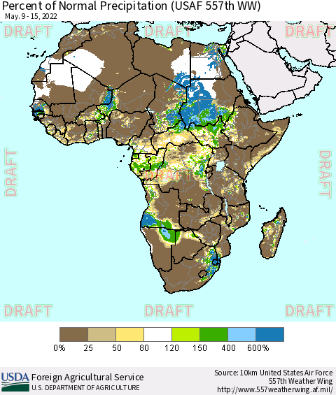 Africa Percent of Normal Precipitation (USAF 557th WW) Thematic Map For 5/9/2022 - 5/15/2022