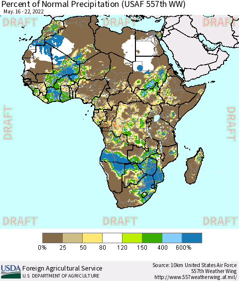 Africa Percent of Normal Precipitation (USAF 557th WW) Thematic Map For 5/16/2022 - 5/22/2022
