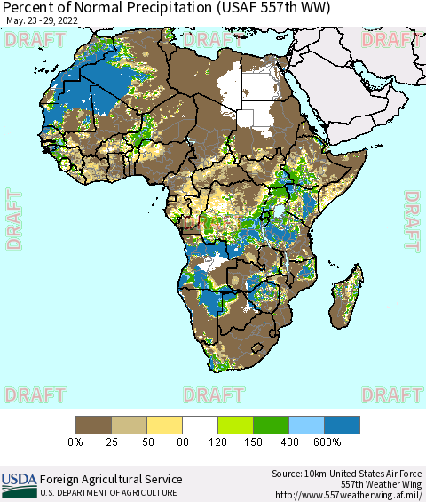 Africa Percent of Normal Precipitation (USAF 557th WW) Thematic Map For 5/23/2022 - 5/29/2022