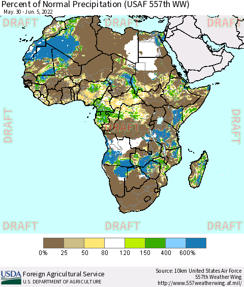 Africa Percent of Normal Precipitation (USAF 557th WW) Thematic Map For 5/30/2022 - 6/5/2022