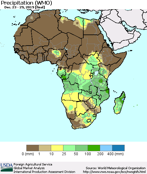 Africa Precipitation (WMO) Thematic Map For 12/23/2019 - 12/29/2019