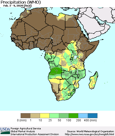 Africa Precipitation (WMO) Thematic Map For 2/3/2020 - 2/9/2020