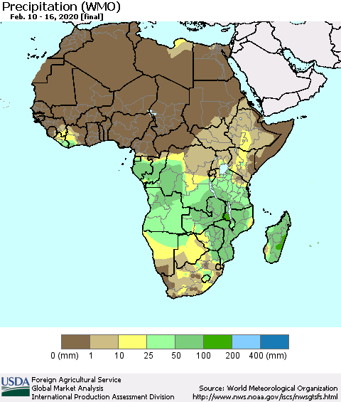 Africa Precipitation (WMO) Thematic Map For 2/10/2020 - 2/16/2020