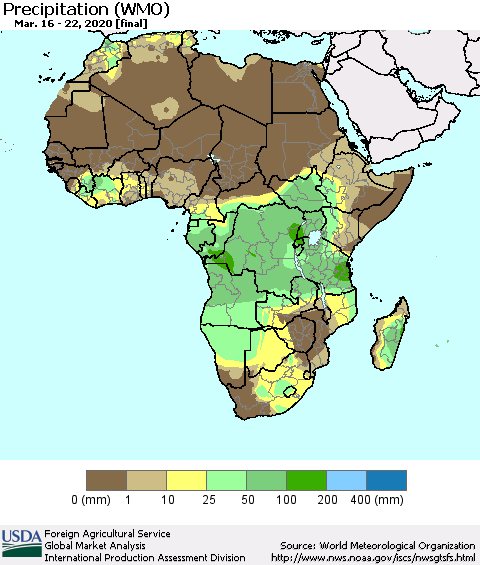 Africa Precipitation (WMO) Thematic Map For 3/16/2020 - 3/22/2020