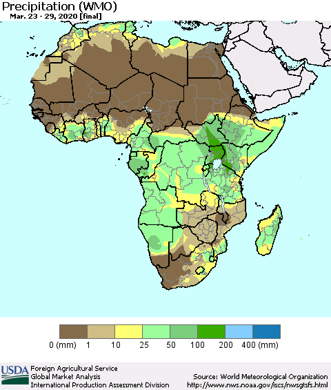 Africa Precipitation (WMO) Thematic Map For 3/23/2020 - 3/29/2020