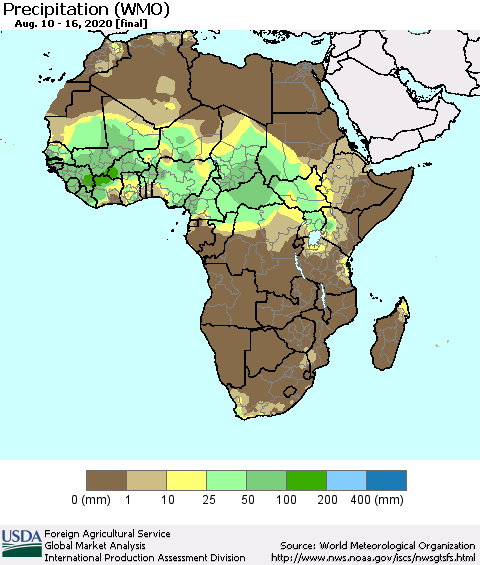 Africa Precipitation (WMO) Thematic Map For 8/10/2020 - 8/16/2020