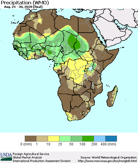Africa Precipitation (WMO) Thematic Map For 8/24/2020 - 8/30/2020