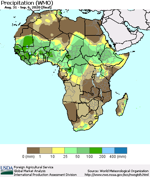 Africa Precipitation (WMO) Thematic Map For 8/31/2020 - 9/6/2020