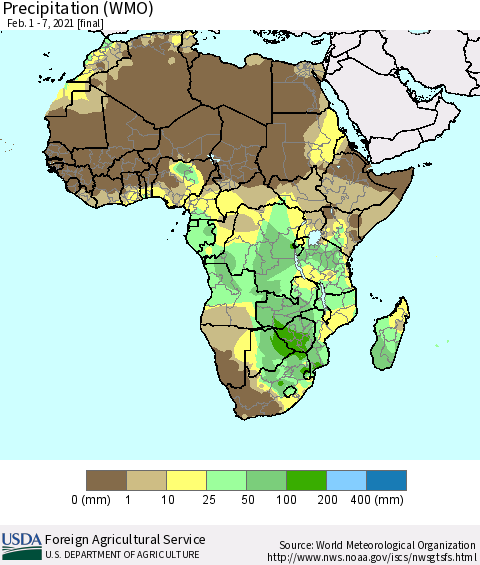 Africa Precipitation (WMO) Thematic Map For 2/1/2021 - 2/7/2021