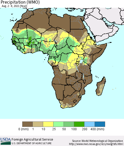 Africa Precipitation (WMO) Thematic Map For 8/2/2021 - 8/8/2021