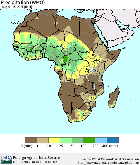 Africa Precipitation (WMO) Thematic Map For 8/9/2021 - 8/15/2021