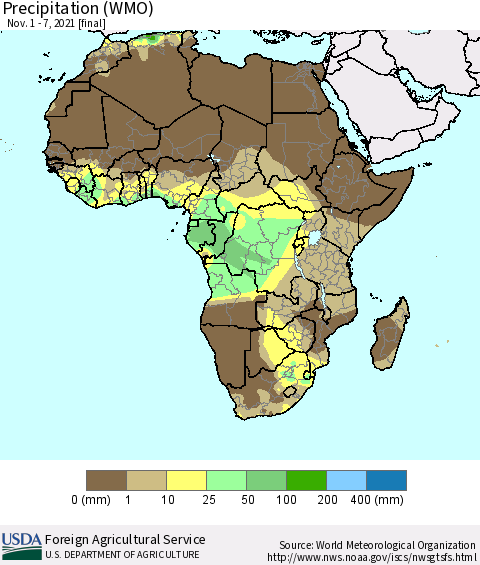 Africa Precipitation (WMO) Thematic Map For 11/1/2021 - 11/7/2021