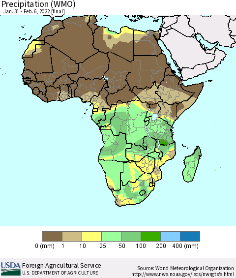 Africa Precipitation (WMO) Thematic Map For 1/31/2022 - 2/6/2022