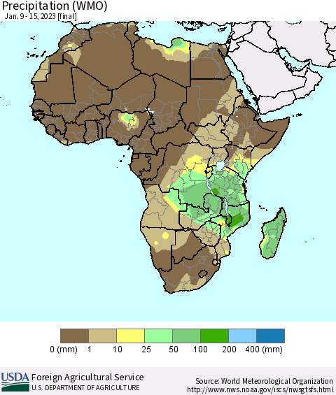 Africa Precipitation (WMO) Thematic Map For 1/9/2023 - 1/15/2023