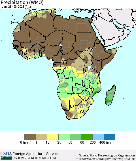 Africa Precipitation (WMO) Thematic Map For 1/23/2023 - 1/29/2023
