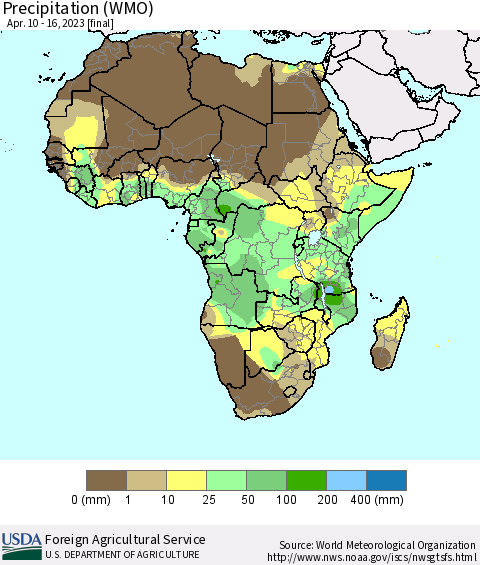 Africa Precipitation (WMO) Thematic Map For 4/10/2023 - 4/16/2023