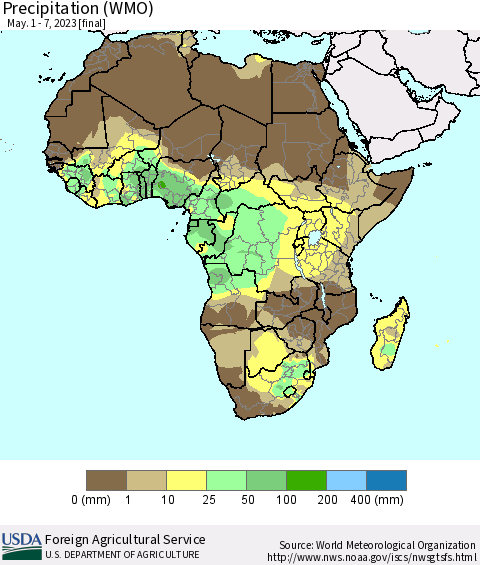 Africa Precipitation (WMO) Thematic Map For 5/1/2023 - 5/7/2023