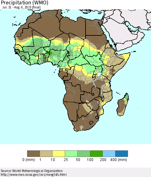 Africa Precipitation (WMO) Thematic Map For 7/31/2023 - 8/6/2023