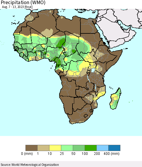Africa Precipitation (WMO) Thematic Map For 8/7/2023 - 8/13/2023