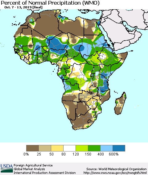 Africa Percent of Normal Precipitation (WMO) Thematic Map For 10/7/2019 - 10/13/2019