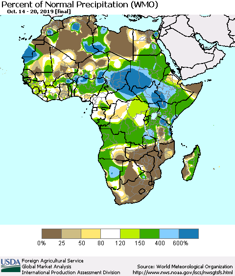 Africa Percent of Normal Precipitation (WMO) Thematic Map For 10/14/2019 - 10/20/2019