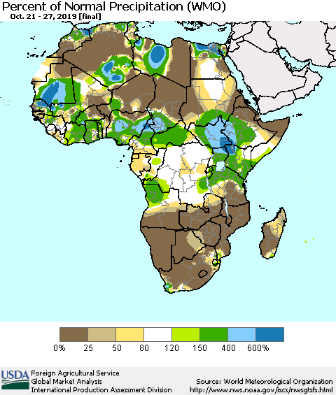 Africa Percent of Normal Precipitation (WMO) Thematic Map For 10/21/2019 - 10/27/2019