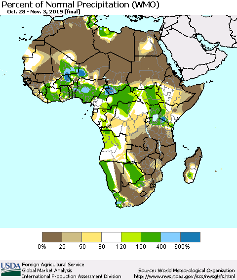 Africa Percent of Normal Precipitation (WMO) Thematic Map For 10/28/2019 - 11/3/2019