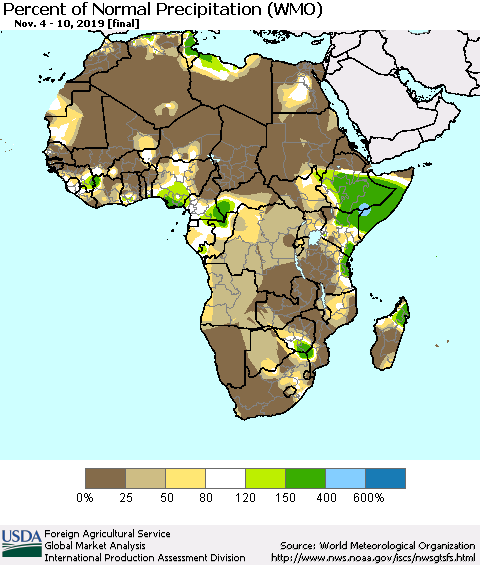 Africa Percent of Normal Precipitation (WMO) Thematic Map For 11/4/2019 - 11/10/2019