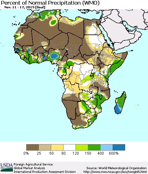 Africa Percent of Normal Precipitation (WMO) Thematic Map For 11/11/2019 - 11/17/2019