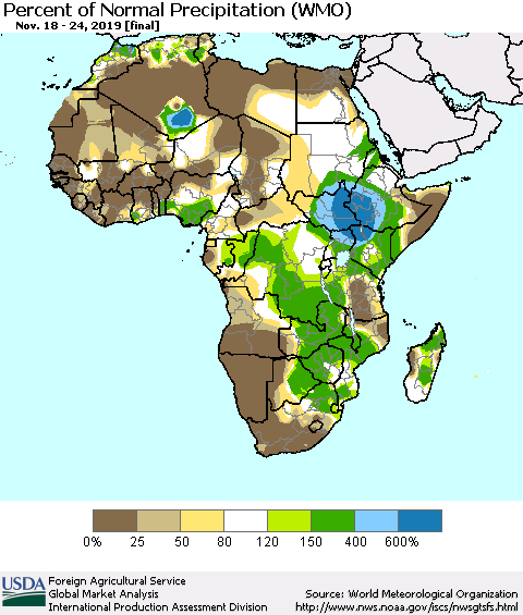 Africa Percent of Normal Precipitation (WMO) Thematic Map For 11/18/2019 - 11/24/2019