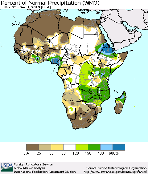 Africa Percent of Normal Precipitation (WMO) Thematic Map For 11/25/2019 - 12/1/2019