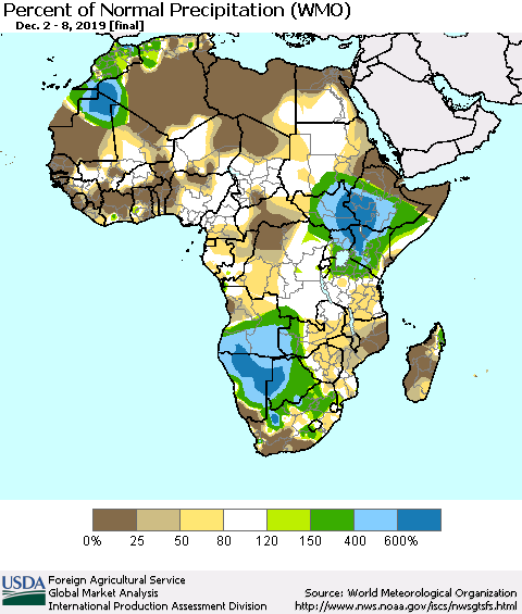 Africa Percent of Normal Precipitation (WMO) Thematic Map For 12/2/2019 - 12/8/2019