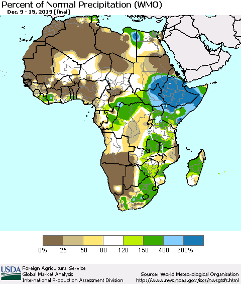 Africa Percent of Normal Precipitation (WMO) Thematic Map For 12/9/2019 - 12/15/2019