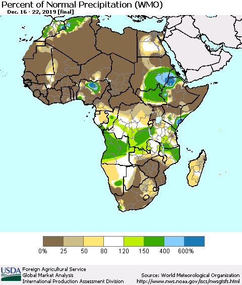 Africa Percent of Normal Precipitation (WMO) Thematic Map For 12/16/2019 - 12/22/2019