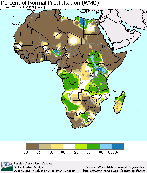 Africa Percent of Normal Precipitation (WMO) Thematic Map For 12/23/2019 - 12/29/2019
