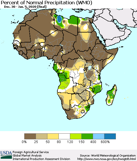 Africa Percent of Normal Precipitation (WMO) Thematic Map For 12/30/2019 - 1/5/2020
