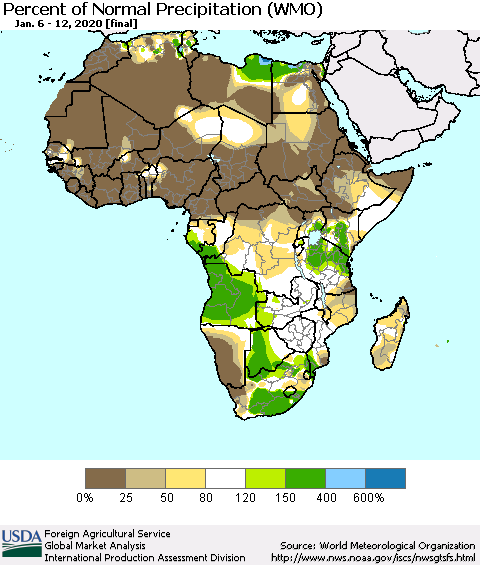 Africa Percent of Normal Precipitation (WMO) Thematic Map For 1/6/2020 - 1/12/2020